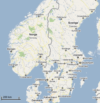 Utdrag av kart over Norge, Sverige og Danmark. Målestokken står oppgitt i det nedre venstre hjørnet.
